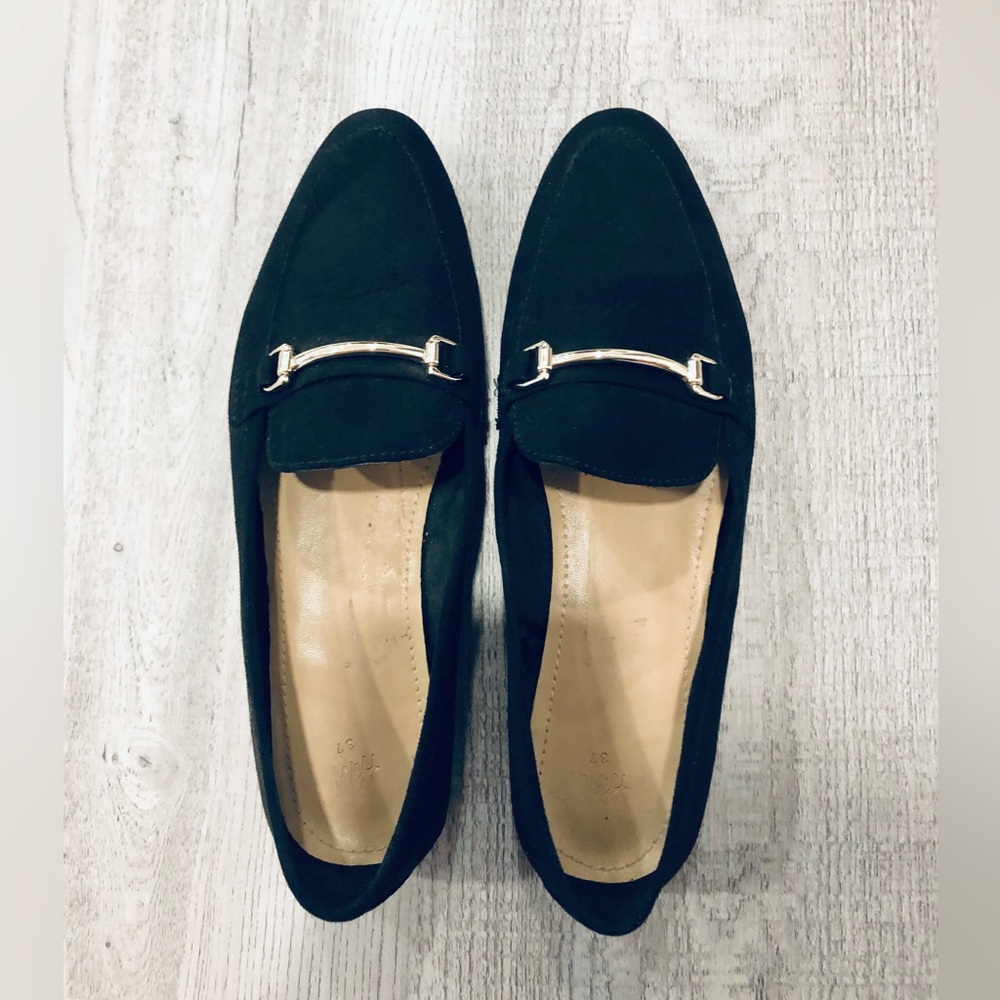H&M Black Loafers Faux Suede with Gold Buckle Size 6